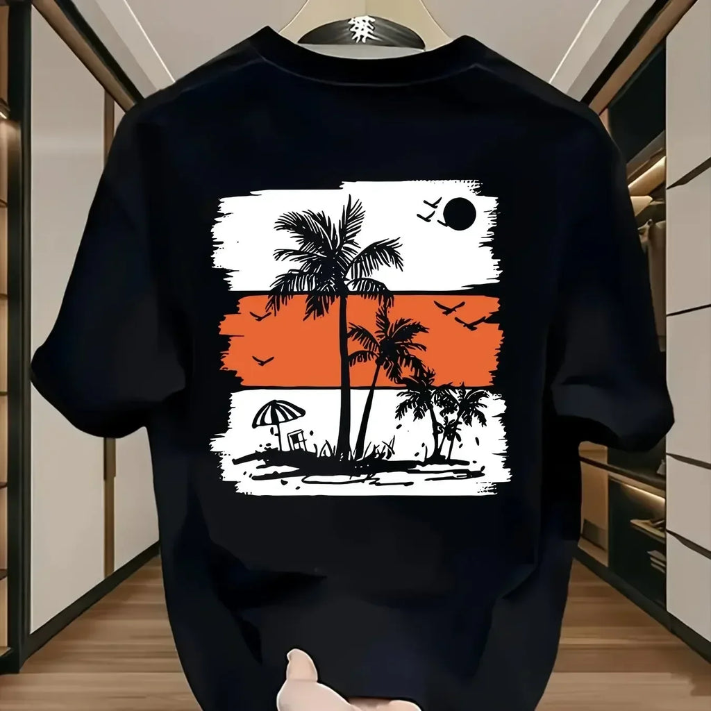 Men's Black Tropical Palm Tree Print T-Shirt Cotton Crew Neck Casual Shirt with Orange Beach Design Men Clothing Comfortable