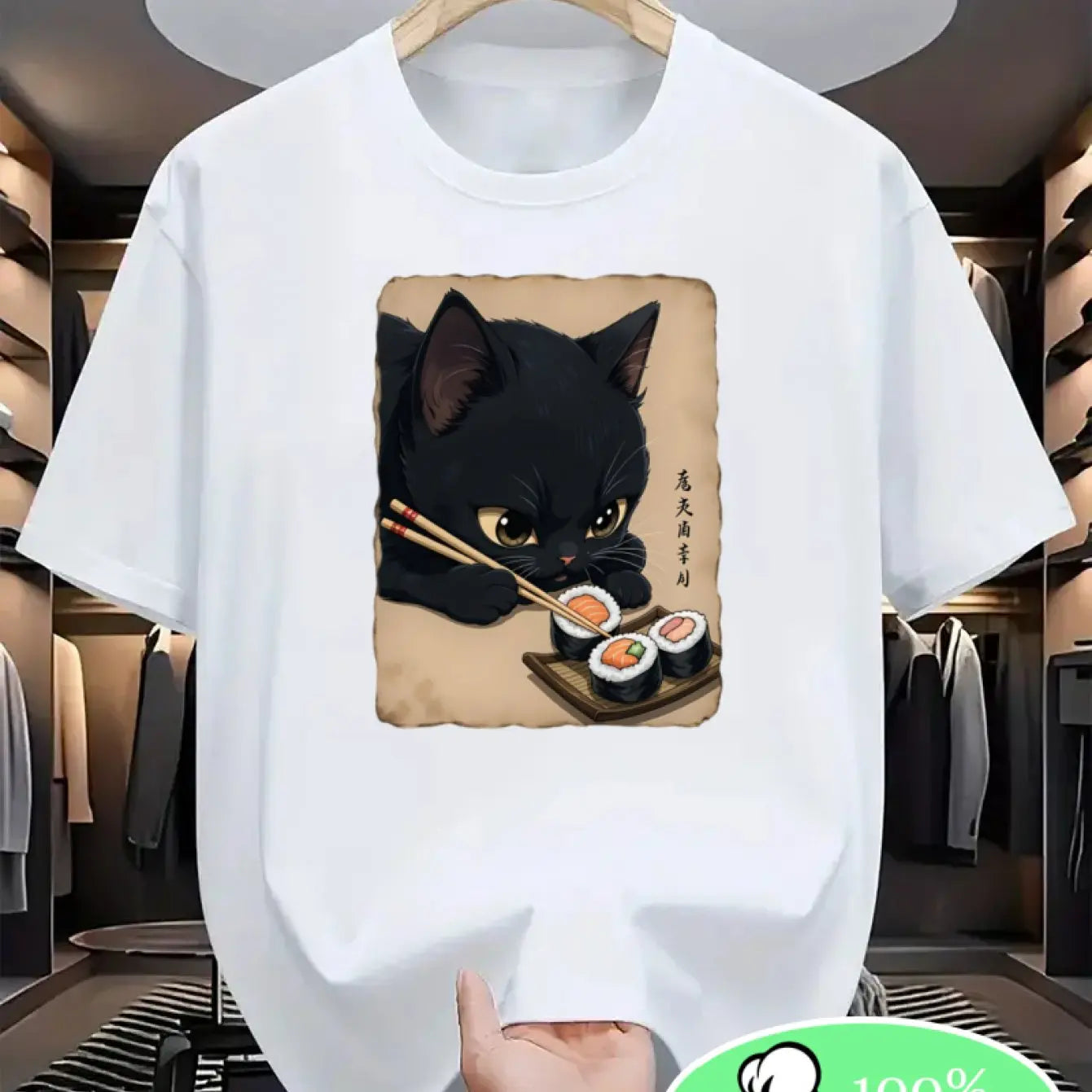 Men and Women Cotton Graphic T-Shirt Casual Comfortable Crew Neck Short Sleeve Tee with Cute Cat and Sushi Print