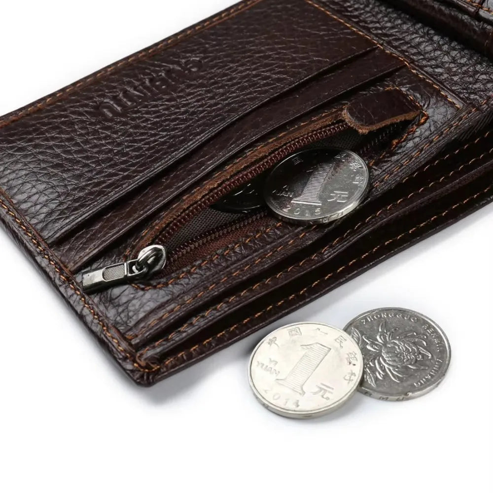 High Quality Retro Men Wallets Name Engraving Genuine Cow Leather Zipper Coin Pocket Card Holder Simple Purses For Male