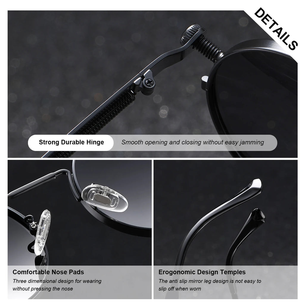 BARCUR Stylish Round Steampunk Retro Women Sunglasses Unique Spring Mirror Legs Metal Frame Sunshade UV400 Men Sun Glasses