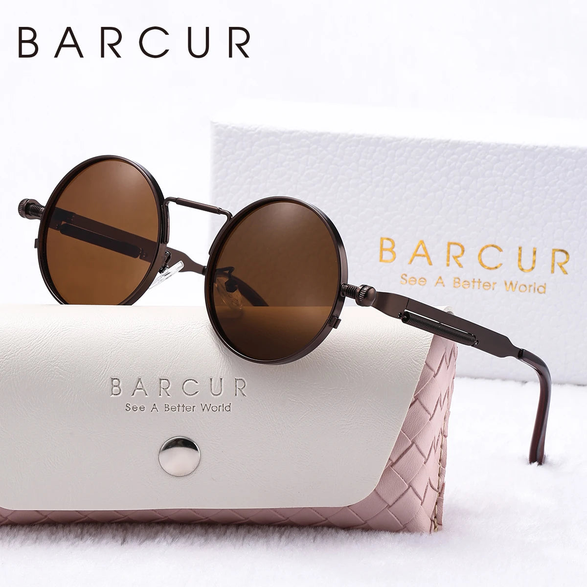 BARCUR Stylish Round Steampunk Retro Women Sunglasses Unique Spring Mirror Legs Metal Frame Sunshade UV400 Men Sun Glasses