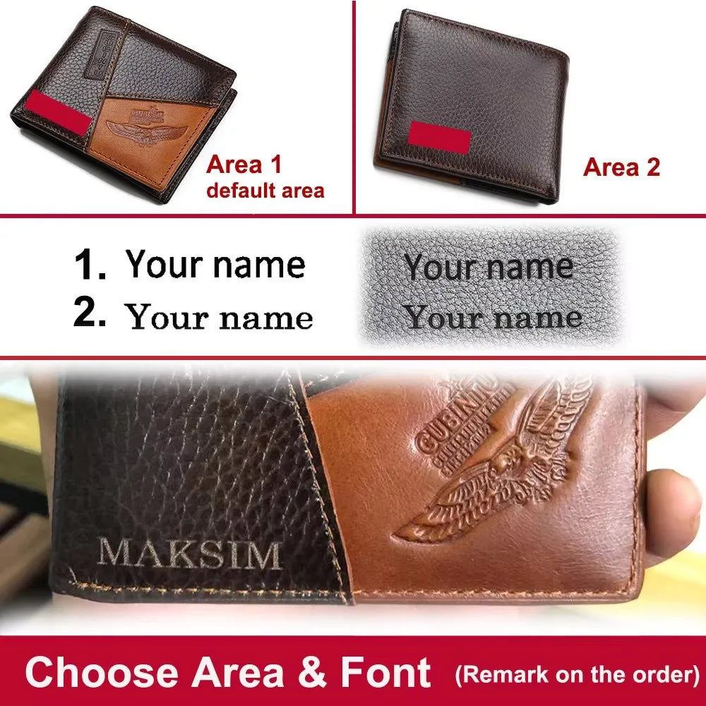 High Quality Retro Men Wallets Name Engraving Genuine Cow Leather Zipper Coin Pocket Card Holder Simple Purses For Male