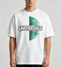 Unisex Green Half Moon UNIVERSALS Graffiti Letter Graphic T‑Shirt Men Women Space Theme Oversized Cotton Tee