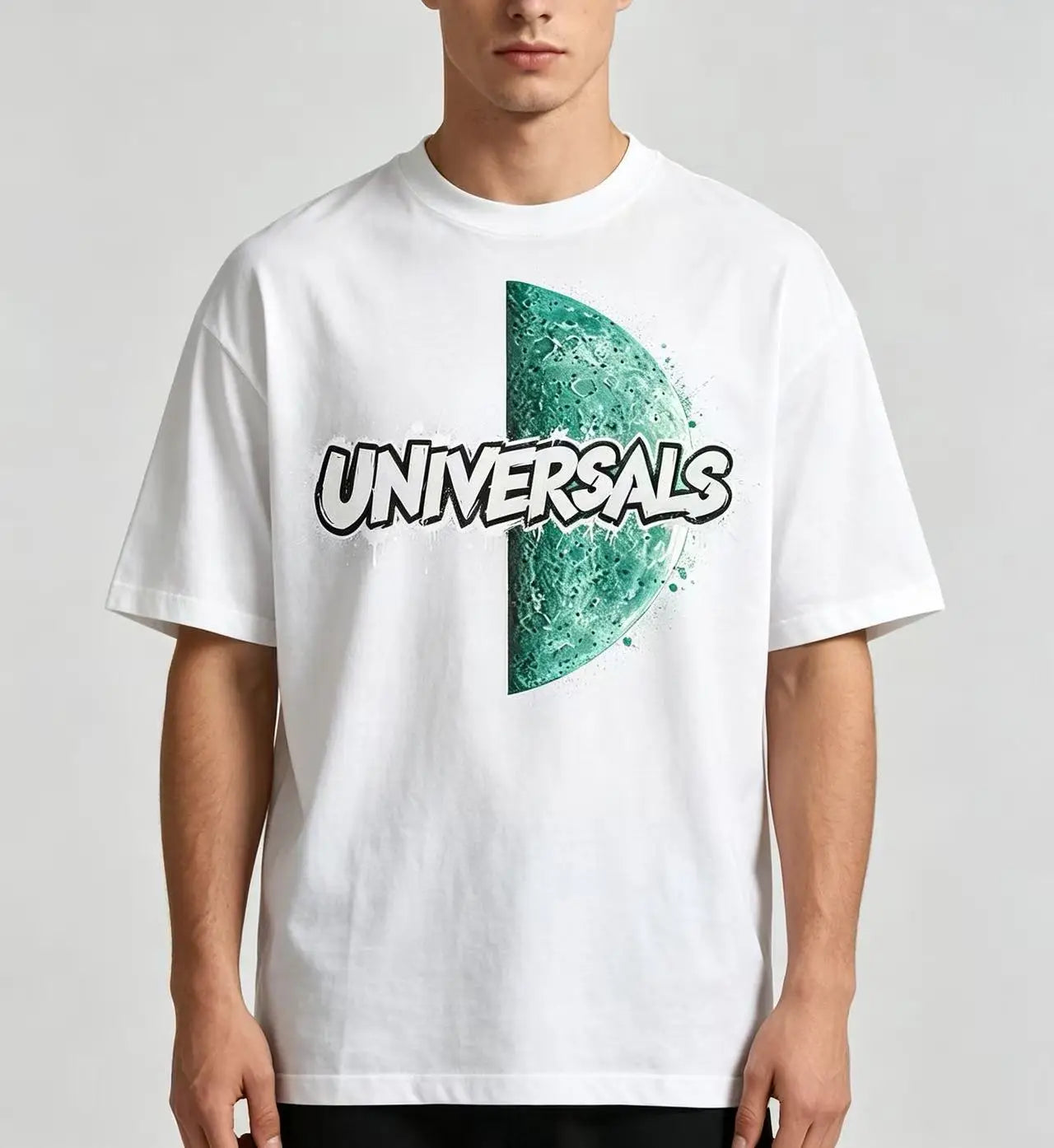 Unisex Green Half Moon UNIVERSALS Graffiti Letter Graphic T‑Shirt Men Women Space Theme Oversized Cotton Tee