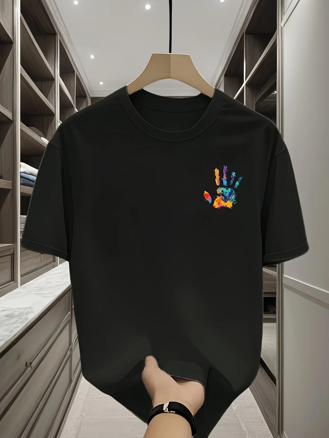 Men's black T-shirt featuring a colorful palm tree print; suitable for parties, nights out, and everyday wear.