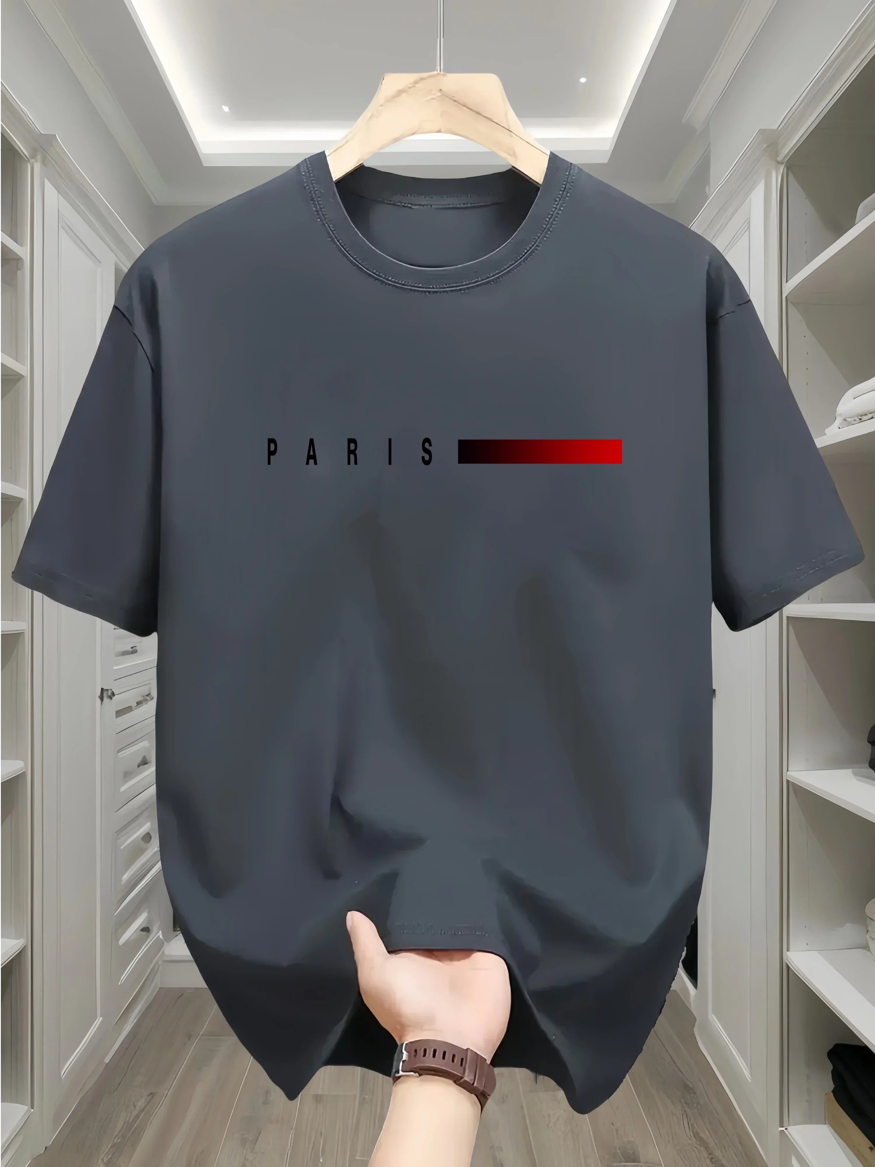 Summer men's 100% pure cotton casual fashion Paris pattern creative printing loose sports round neck short sleeved T-shirt top