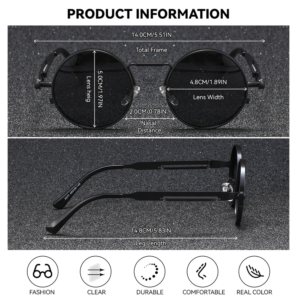 BARCUR Stylish Round Steampunk Retro Women Sunglasses Unique Spring Mirror Legs Metal Frame Sunshade UV400 Men Sun Glasses