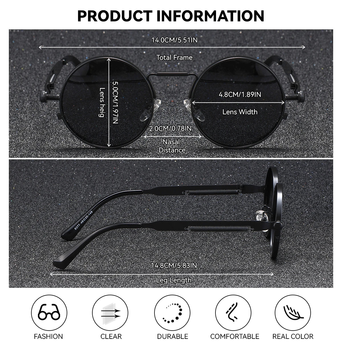 BARCUR Stylish Round Steampunk Retro Women Sunglasses Unique Spring Mirror Legs Metal Frame Sunshade UV400 Men Sun Glasses