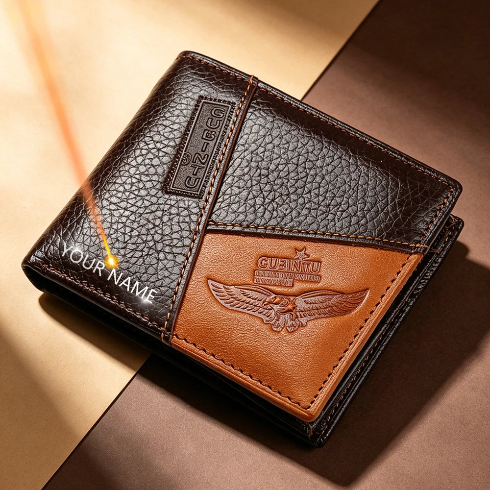High Quality Retro Men Wallets Name Engraving Genuine Cow Leather Zipper Coin Pocket Card Holder Simple Purses For Male