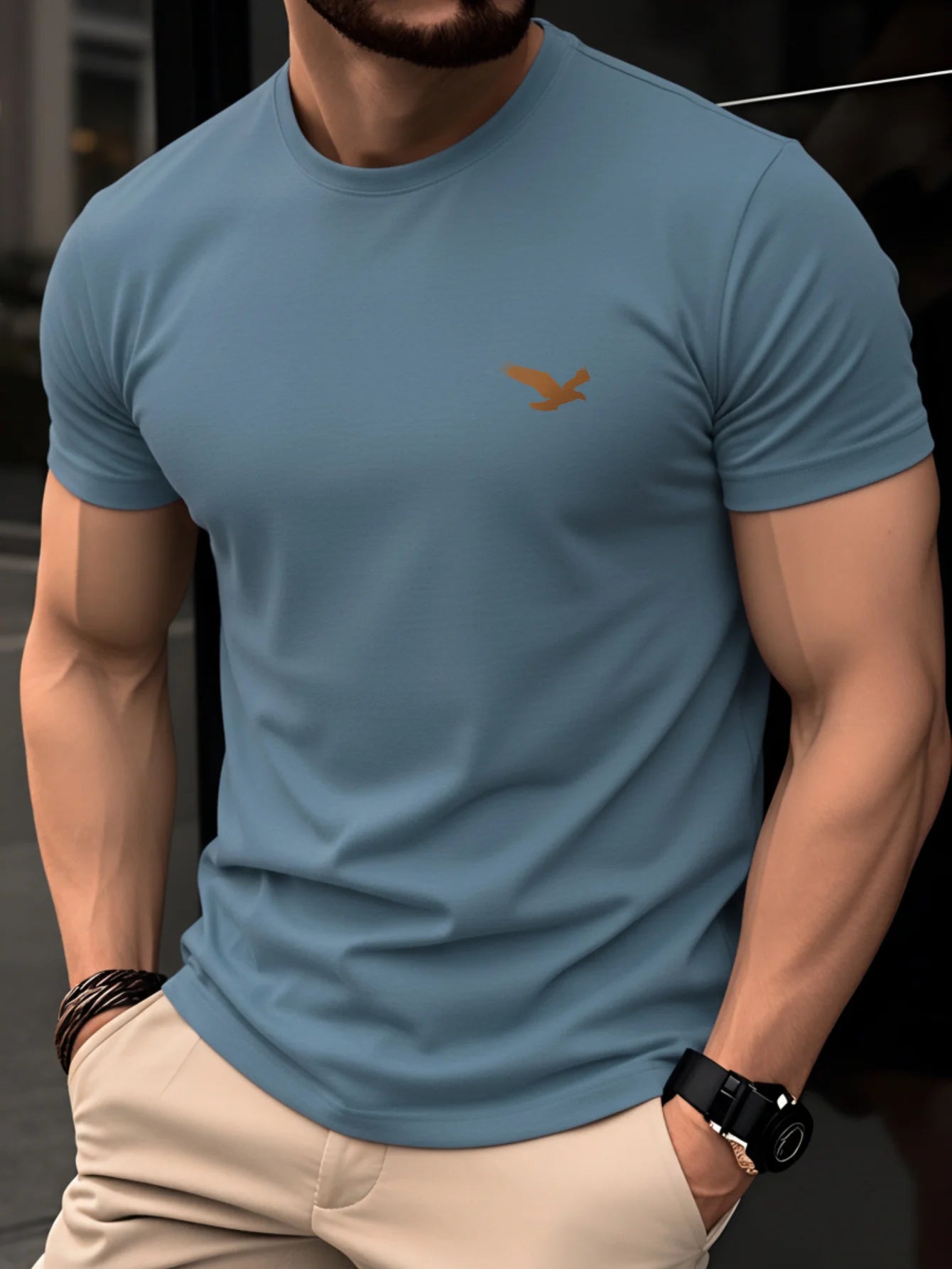 100% pure cotton men's summer casual sports fashionable loose spread eagle pattern printed round neck short sleeved T-shirt top