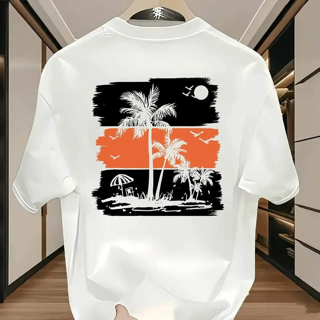 Men's Black Tropical Palm Tree Print T-Shirt Cotton Crew Neck Casual Shirt with Orange Beach Design Men Clothing Comfortable