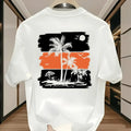 Men's Black Tropical Palm Tree Print T-Shirt Cotton Crew Neck Casual Shirt with Orange Beach Design Men Clothing Comfortable