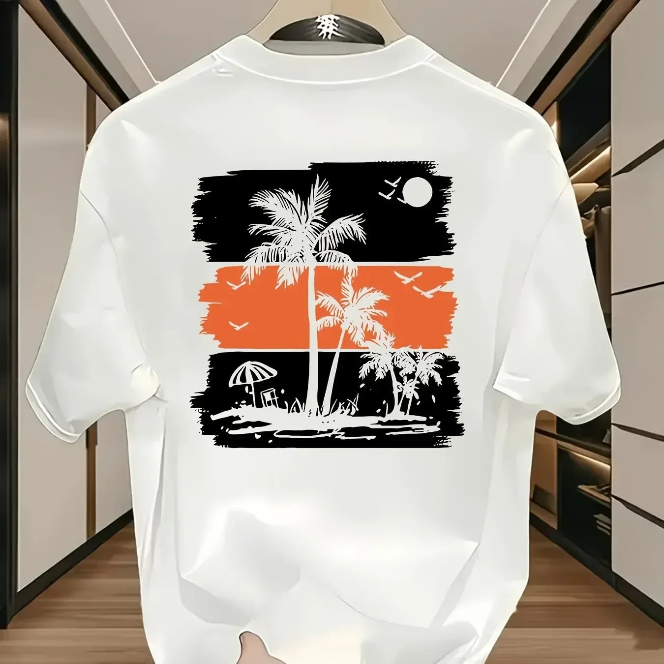 Men's Black Tropical Palm Tree Print T-Shirt Cotton Crew Neck Casual Shirt with Orange Beach Design Men Clothing Comfortable