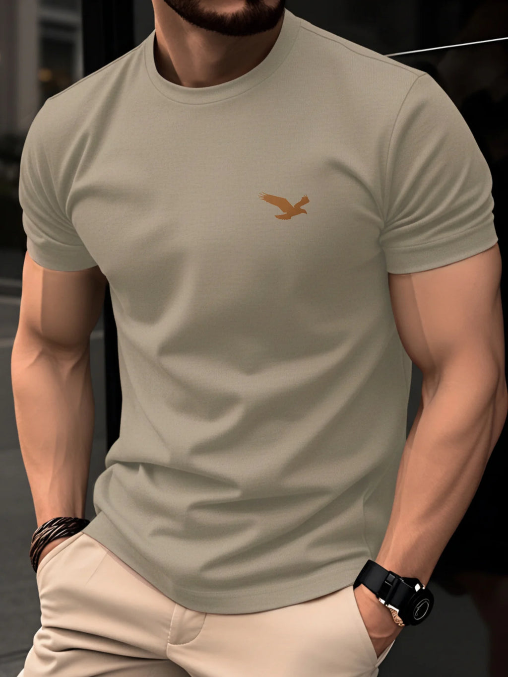 100% pure cotton men's summer casual sports fashionable loose spread eagle pattern printed round neck short sleeved T-shirt top
