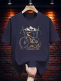 Summer Men's 100% Cotton Casual Loose Mountain and Bicycle Pattern Printed Comfortable Sports Round Neck Short Sleeved T-Shirt