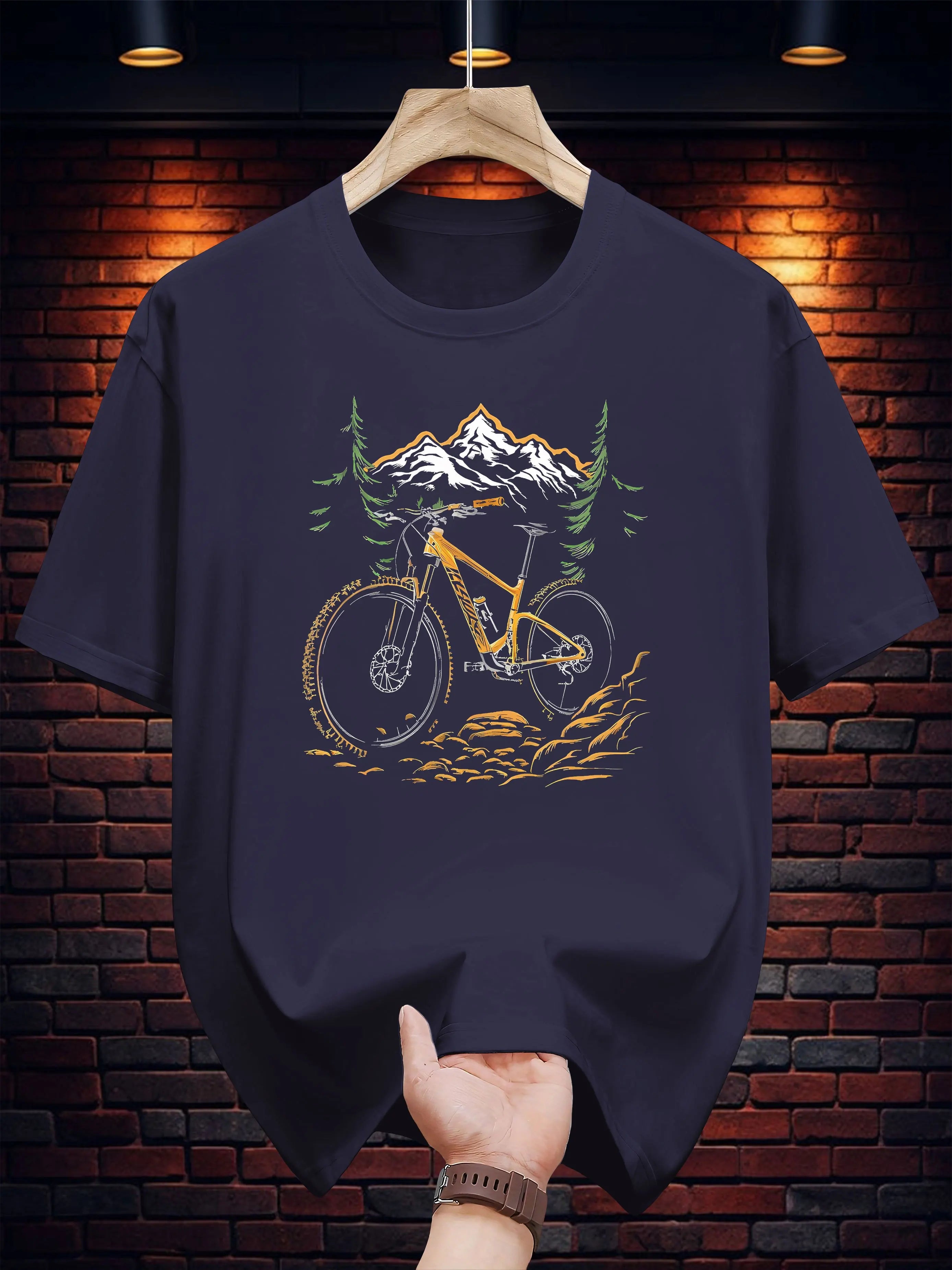 Summer Men's 100% Cotton Casual Loose Mountain and Bicycle Pattern Printed Comfortable Sports Round Neck Short Sleeved T-Shirt